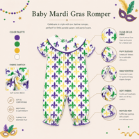 Puresun OEM/ODM 100% katoenen, huidvriendelijke Mardi Gras Fleur De Lis print, gevoerde meisjes romper met kraag, voor peuters van 1-6 jaar