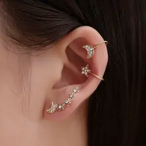 Wholesale no hole ear jewelry 3 pcs rhinestone moon and star earring