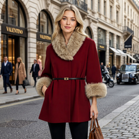 Manteau en laine pour femme OFTBUY, hiver automne, col et poignets en vraie fourrure de renard, avec ceinture, cape double face, manches chauve-souris
