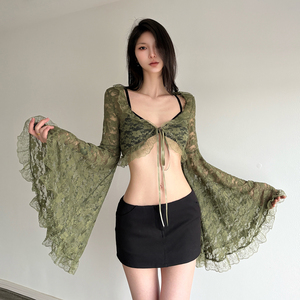 Couverture transparente en dentelle verte pour femme, cardigan court à manches évasées et à nouer sur le devant, haut de plage décontracté style Y2K - Product Image 5