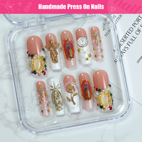 Faux Ongles de Luxe Réutilisables en Acrylique de Haute Qualité, Faits Main, Longs, Couverture Complète, Motif Croix d'Ange 3D, Vente en Gros