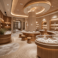 Meuble de présentation sur mesure pour bijouterie en bois naturel, éclairage LED moderne et luxueux, solution écologique pour l'aménagement complet de la boutique