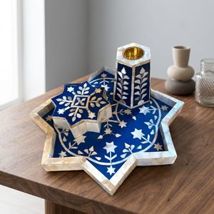 Support d'encens en bois fait main avec coupelle en laiton en forme d'étoile, brûleur de Bakhoor, ensemble incrusté de MOP, décoration de parfum d'ambiance arabe, artisanat en bois - Product Image 1