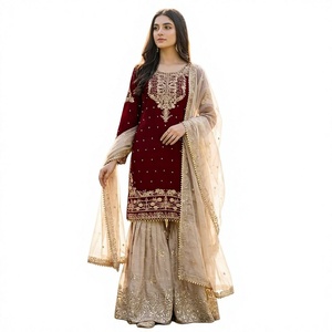 Kurti de seda GMY de alta calidad con bordado de lentejuelas Dori y trabajo de remaches Moti, conjunto completo con Plazzo y Dupatta a juego, para mujer, estilo étnico. - Product Image 1