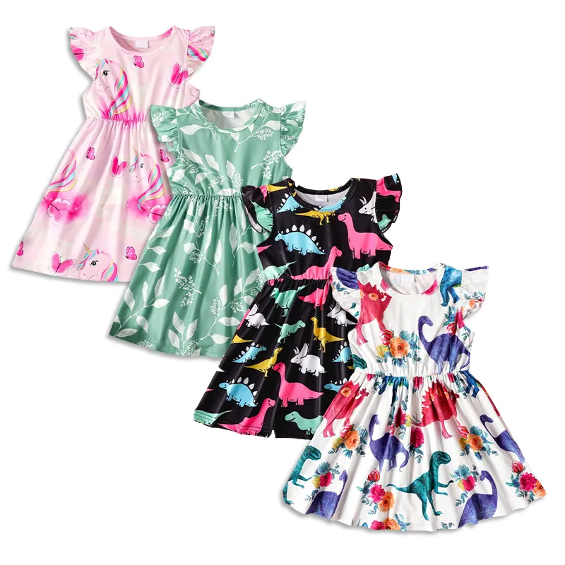 Vestido orgânico de bambu para meninas de 6 anos, vestido com babado e manga florida, camisa personalizada para meninas, roupa infantil