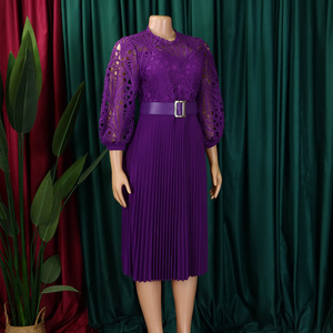 C8595 <span class=keywords><strong>Vestidos</strong></span> Formales de Moda para Mujer, Casuales, Elegantes, de Color Sólido, con Encaje, Flores de Ganchillo, Calados, Plisados, para Iglesia - Product Image 4