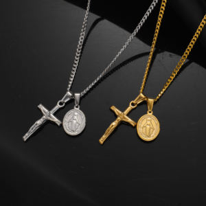 Collar cristiano para hombre, collar con Cruz religiosa de Jesús de acero inoxidable, collar con colgante de Virgen María chapado en oro - Product Image 2
