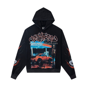 Men's Washed-Out 100% Cotton Heavyweight <b>Long</b> <b>Sleeve</b> Windproof Hoodie Solid Vintage Flair Street Hip-hop Style Godspeed Autumn - Product Image 2