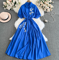 Robe d'été à manches courtes pour femmes, nouveau style chinois, brodée, avec lacet et à la taille.