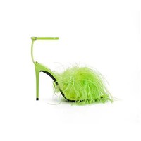 Sandales à talons fins personnalisées pour femmes à la mode, chaussures d'été avec lanières, bout pointu, plume d'autruche, bleu royal, talons hauts pour femmes