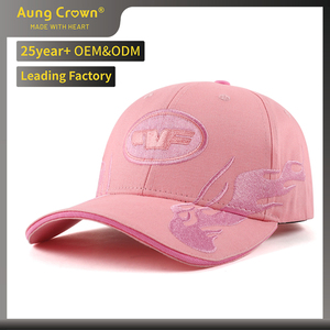 หมวกแก๊ป AUNG CROWN สีชมพู ปักลายเปลวไฟแบบส่วนตัว หมวกเบสบอลสำหรับผู้ชายและผู้หญิง - Product Image 1