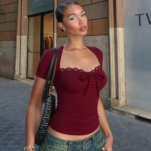 Camiseta Corta de Mujer, Color Sólido, con Ribete de Encaje, Cuello Cuadrado, Detalle de Lazo, Manga Corta, Ajustada, Sexy, Elegante y a la Moda - Product Image 4