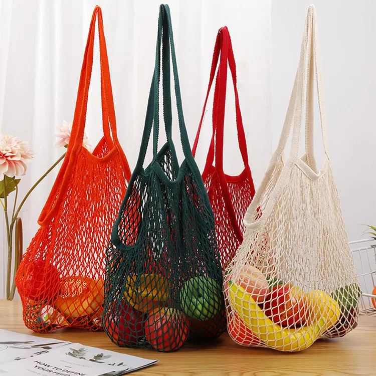 Reusable Cotton Mesh Bags Vegetable Fruit Packaging Market Large Capacity Net Japanese Canvas Grocery Tote Bag For Shopping