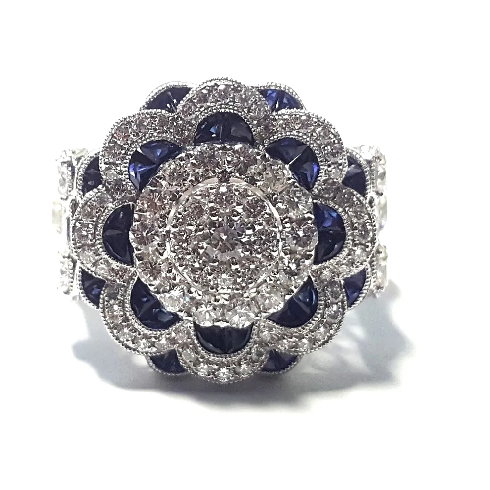 Fabricante chino joyería personalizada 18K oro blanco sólido racimo flores piedras preciosas zafiro diamante anillos de compromiso para mujeres