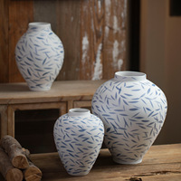 Grand vase en céramique bleu et blanc à motif de feuilles de bambou, nouveau style chinois, porcelaine de Jingdezhen, vase à fleurs de table pour la décoration de la maison