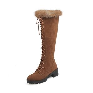 Warm Brown Furry <b>Knee</b> <b>High</b> <b>Boots</b> Unisex Lace-up Non-slip Outdoor Winter Breathable Lightweight Fleece Casual Footwear - Product Image 1
