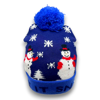 Chapeaux personnalisés bleu marine Pom Bonnet en tricot avec bonhomme de neige Jacquard manchette pliée Let It Snow With Led Lights for Holiday Christmas Hats