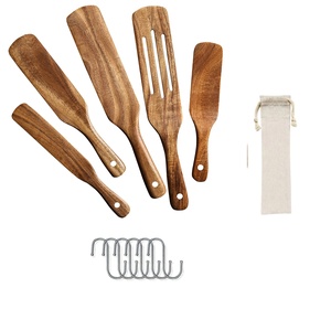 木勺4套，不粘器皿工具耐用天然木材开槽搅拌刮刀厨房炊具烹饪 - Product Image 1