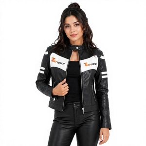 Veste Moto Femme Tiierwear en Cuir PU Noir avec Fermeture Éclair, Col Montant, Manches Longues, Motif Uni, Style Automne - Product Image 1