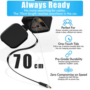 Convertisseur de courant intelligent pour voiture, 12V DC vers 220V AC, 200 Watts, avec voltmètre et interrupteur, câble rétractable intégré, PD 3.0 36W - Product Image 4