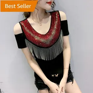 Women's sexy Strapless Rhinestone Shiny Sequined Cotton Clothes Slim Knit Tee Tops Nightclub Short Sleeve Shirts Party T-shirt