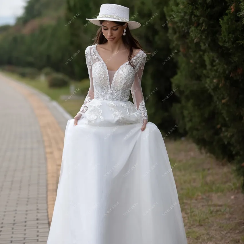 Long Sleeve Deep V-neck Lace Wedding Dress Plus Size Anniversary Dresses Women Lady Elegant Wedding
