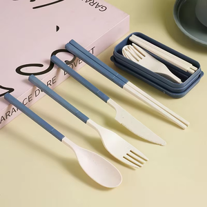 Cubiertos portátiles ecológicos de paja de trigo con caja, cuchara, cuchillo, tenedor, 4 piezas, vajilla de paja de trigo - Product Image 4