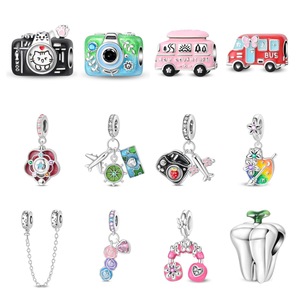 <b>Cute</b> cartoon pendant set, featuring camera, bus, and flower designs, made of silver-plated white brass, a perfect gift for women - Product Image 1