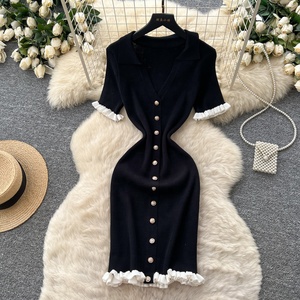 Nouvelle robe d'été pour femmes, col rabattu, manches courtes, boutons décoratifs, robe en tricot - Product Image 5