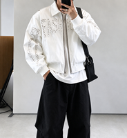 Blouson Homme à Points Cloutés et Lettres, Zippé, Col Rabattable, Doublure Polaire Réversible, Hiver, Décontracté, Streetwear, OEM