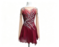 Robe de patinage artistique pour enfants, col en V, dos ouvert, couleur bordeaux, avec strass argentés et maille, pour spectacle sur scène et compétition de danse sur glace