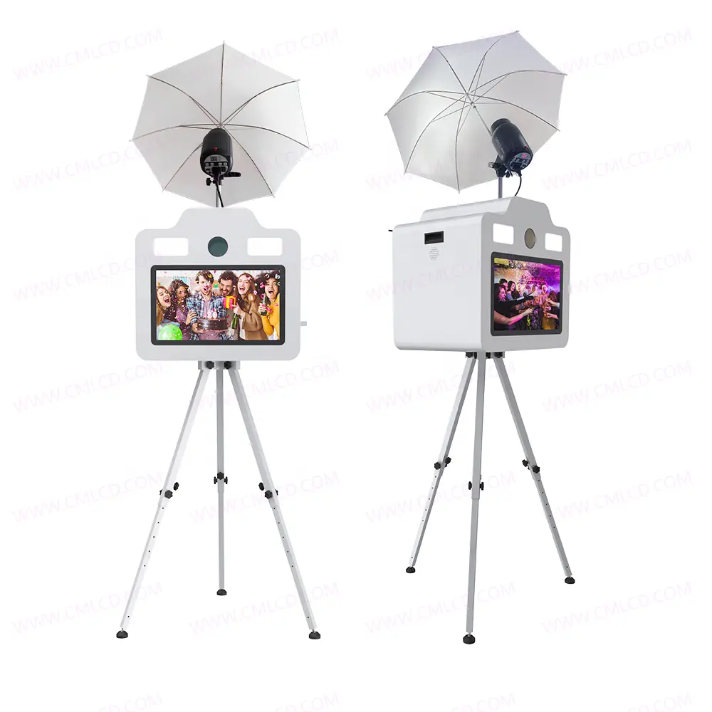 Macchina fotografica con flash opzionale 21.5 "touch screen dslr photo booth camera photo booth box treppiede stand selfie kiosk
