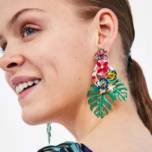 2020 New arrival Enamel Leaf Earrings For Women Wedding Jewelry Accessories Vintage Flowers Statement Big Gold Earrings