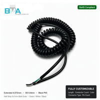 Câble spiralé anti-torsion OEM SVT 18AWG 3 conducteurs en PVC noir OD6.4mm, 4.5M, extrémité nue, pour équipement industriel et médical