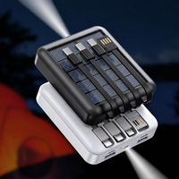Mini batterie externe solaire 10000mAh avec lumière LED, portable, 4 câbles intégrés, double sortie USB, charge sans fil 10W, charge rapide
