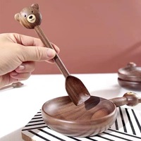 Plateau de service en bois de noyer à motif de dessin animé sur le thème de l'ours pour repas/thé, plateau à fruits et pâtisseries avec fourchettes et cuillères - Commandes personnalisées en petite série