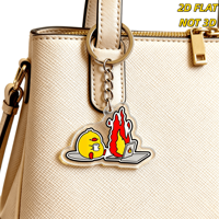 Porte-clés en acrylique 'Chick & Burning Laptop' avec oiseau jaune mignon et café entouré de flammes, accessoire humoristique anti-stress pour le travail