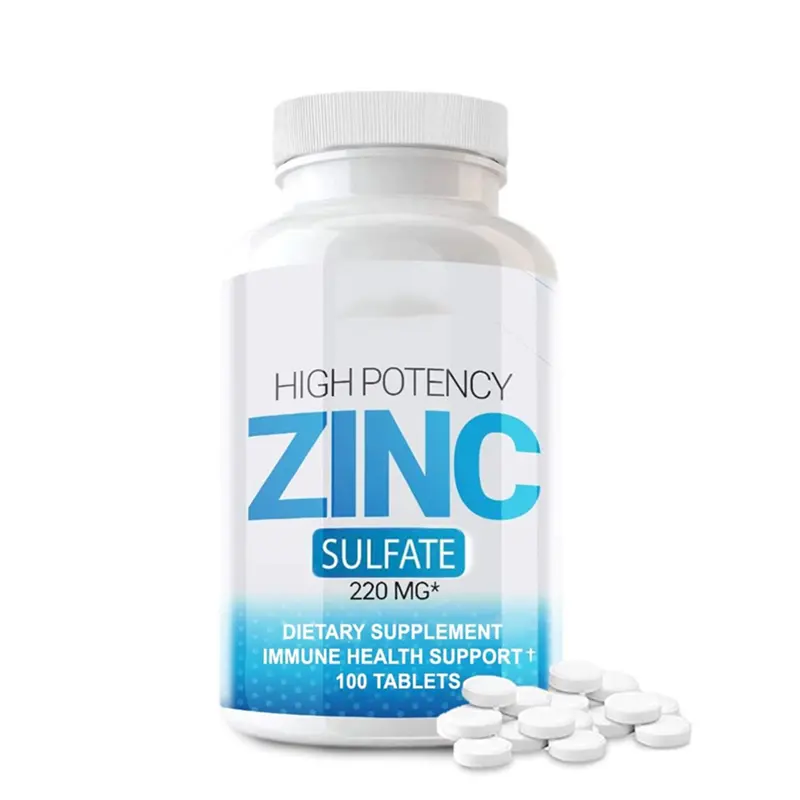 Fábrica Fornecimento Vitaminas Zinco 220mg Alta Potência Suplemento Sulfato De Zinco para Sistema De Suporte Imunológico 100 Comprimidos