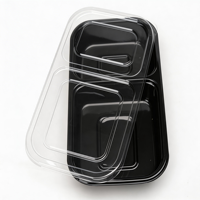Conteneur alimentaire jetable en plastique à 2 compartiments, base noire, couvercle transparent, micro-ondable, boîte à bento, prix de gros usine