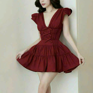 Short Woven V-neck <b>Ruffle</b> <b>Skirt</b> Vietnam <b>Mini</b> Party Dress Flutter Sleeve Bow Detail High Waist Slim Fit Flared <b>Skirt</b> Polyester - Product Image 1