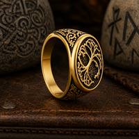 Bague Chevalière JLM Vintage Plaqué Or 18K Arbre de Vie pour Homme en Acier Inoxydable, Amulette Celtique Yggdrasil – Vente en Gros