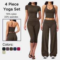 Set Yoga Kontrol Perut Wanita, Atasan Crop Top V-Neck Lengan Pendek, Celana Capri Pinggang Tinggi Pembentuk Tubuh, Celana Kaki Lebar, Bahan Stretch 4 Arah
