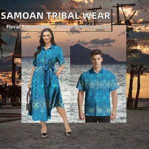 Robes longues décontractées pour femmes tribales polynésiennes samoanes, chemises hawaïennes à col rabattu pour hommes, motif Tapa, polyester, pour couple - Product Image 2
