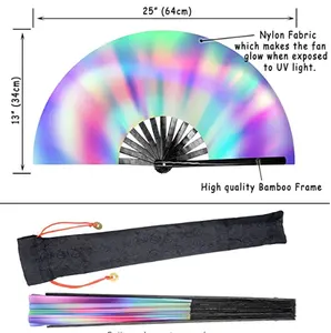 Quạt Phát Sáng UV Cho Nữ/Nam, Quạt Rave Lớn Với Quạt Cầm Tay Vải Nylon Tre Để Biểu Diễn, Khiêu Vũ, Tiệc Liên Hoan, EDC, - Product Image 3