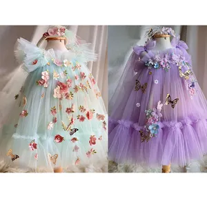 बच्चों के कशीदाकारी पियानो प्रदर्शन लक्जरी फूलों की लड़कियों की पोशाक, तितली पंखों के साथ पोशाक