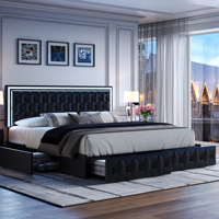 Cadre de lit moderne en velours noir Queen avec têtes de lit capitonnées, taille King, avec tiroirs et éclairage LED