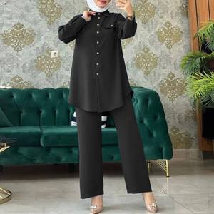 Ensemble décontracté pour femmes musulmanes, chemise à col rabattu à manches longues avec poches + pantalon large, ensemble deux pièces pour femme printemps été - Product Image 1