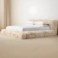 Lit double en bois écologique de luxe léger français, confortable, pour chambre principale, en tissu de laine d'agneau, moderne, simple et doux