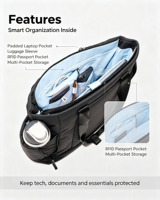 Sac fourre-tout de travail léger avec poche rembourrée pour ordinateur portable, poches latérales pour bouteille d'eau, poche RFID pour passeport, pour le bureau et les voyages, OEM ODM