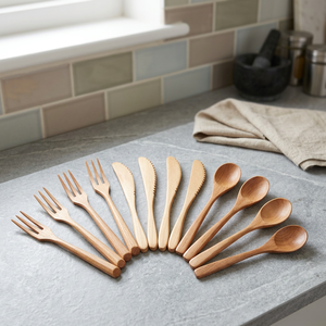BS INTERNATIONAL Ensemble de couverts japonais en bois naturel réutilisables au design vintage, légers, de bonne qualité, polis à la main - Product Image 1
